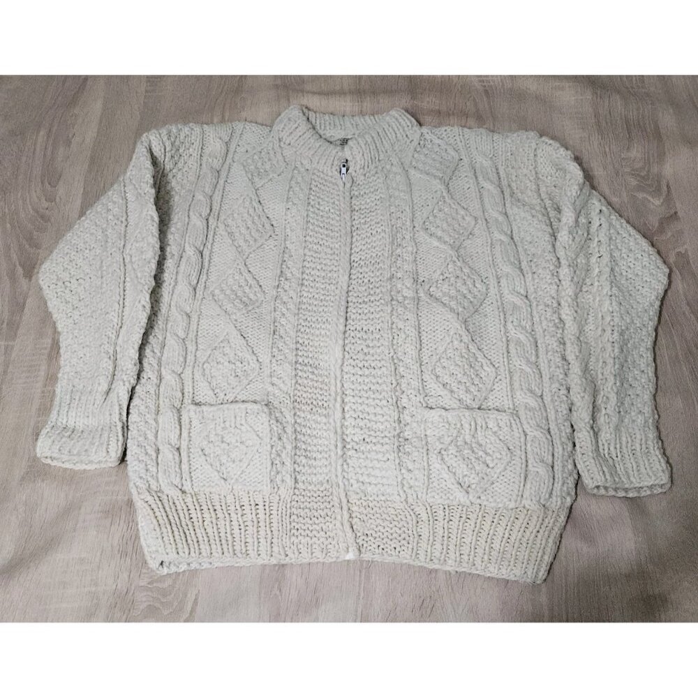 Handmade Handknit Artesania Lucita Cream Cableknit Sweater Womens Xl Wool Zip Up